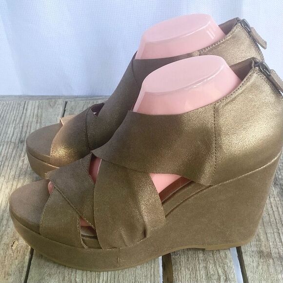 EILEEN FISHER Bella Gold Metallic Leather Suede Platform Wedge Sandal Wm’s Sz 10 - Picture 5 of 10